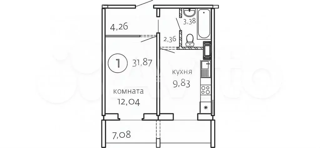 1-к. квартира, 31,9 м, 9/10 эт. - Фото 0