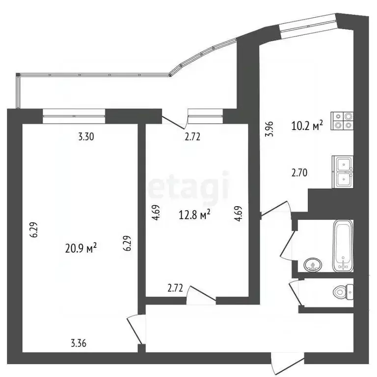 2-к кв. Белгородская область, Белгород Почтовая ул., 52 (57.8 м) - Фото 2