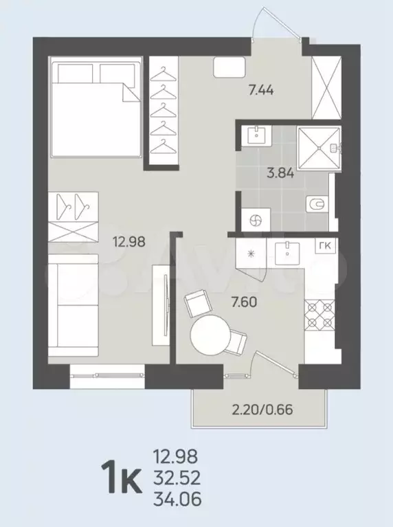 1-к. квартира, 32,5м, 3/3эт. - Фото 1