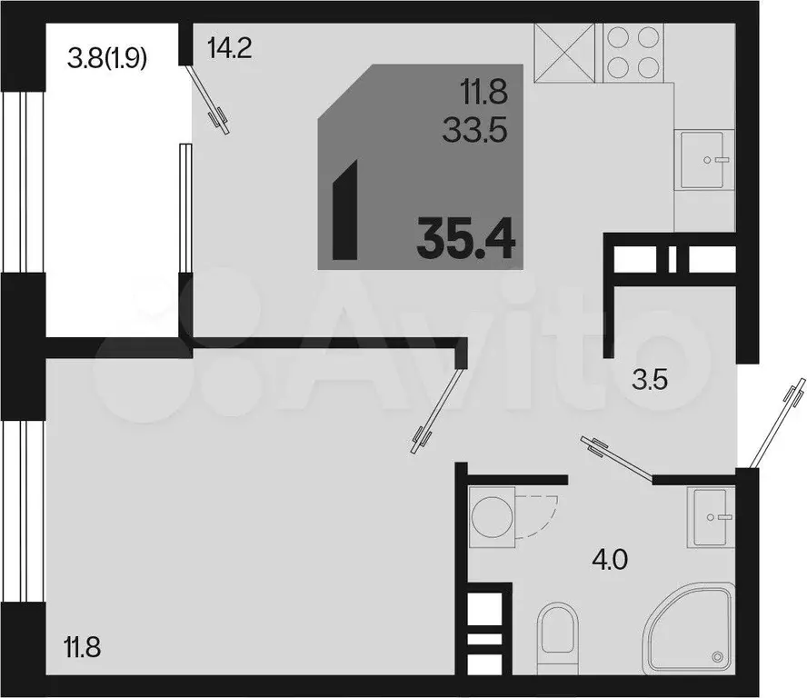 1-к. квартира, 35,4 м, 9/9 эт. - Фото 1