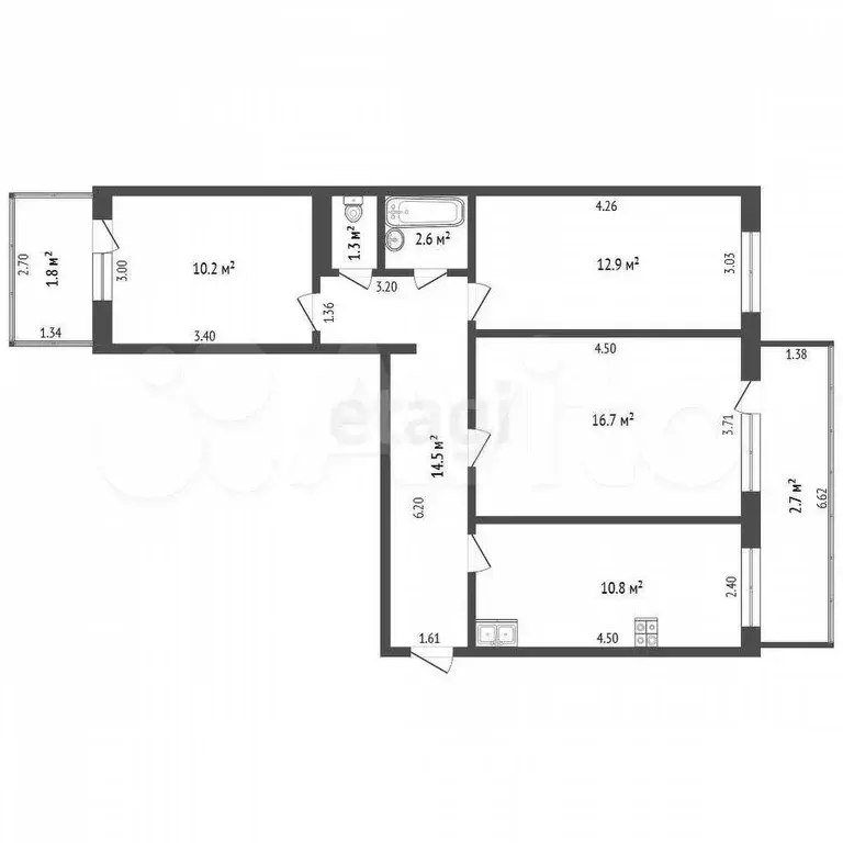 3-к. квартира, 69 м, 6/9 эт. - Фото 0