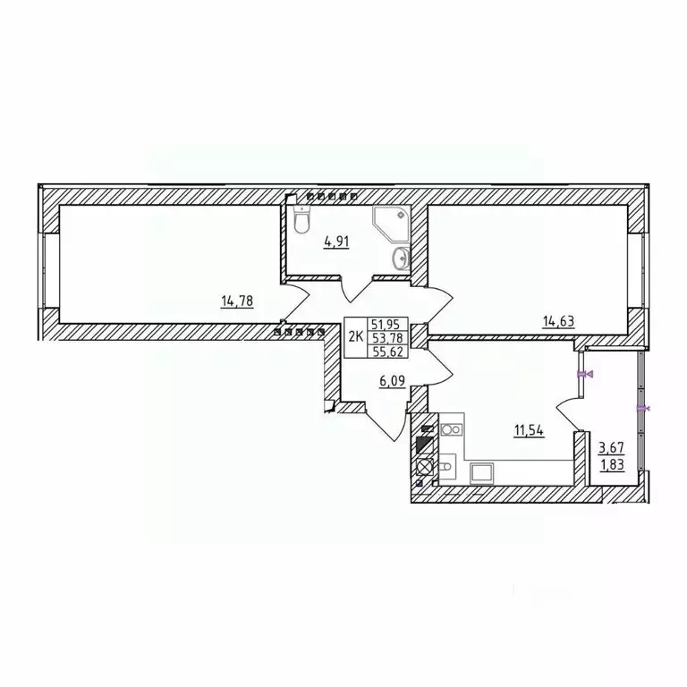 2-к кв. Калининградская область, Зеленоградск  (55.62 м) - Фото 1