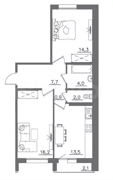 2-к. квартира, 60,7 м, 6/9 эт. - Фото 0