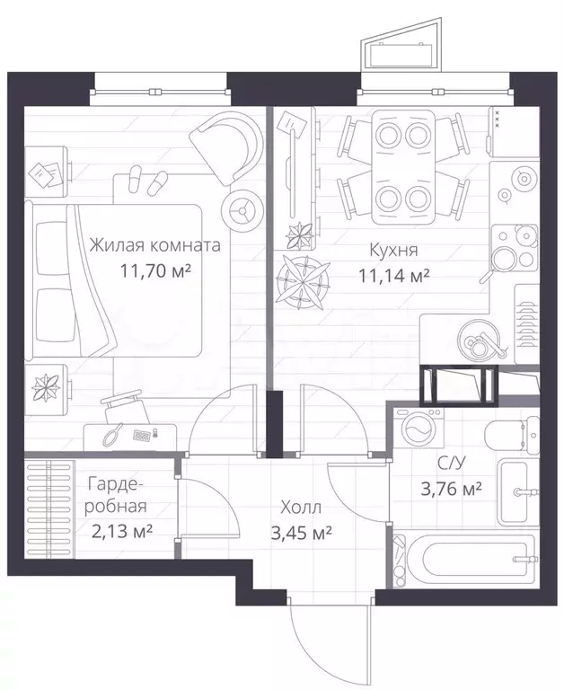 1-к. квартира, 32,2 м, 3/11 эт. - Фото 1