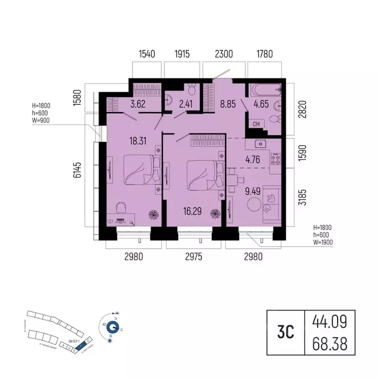 3-к кв. Башкортостан, Уфа Глумилино-1 мкр, Новатор жилой комплекс ... - Фото 1