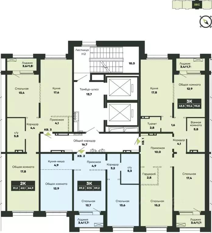 2-к кв. Новосибирская область, Новосибирск Гренландия жилой комплекс ... - Фото 2