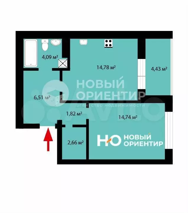 1-к. квартира, 44,6 м, 2/9 эт. - Фото 0