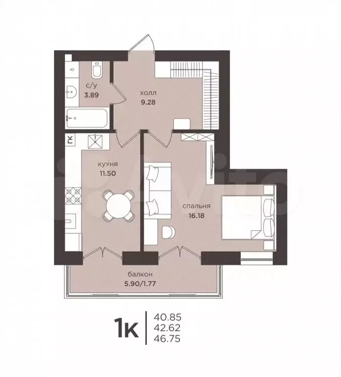 1-к. квартира, 42,6 м, 5/7 эт. - Фото 1