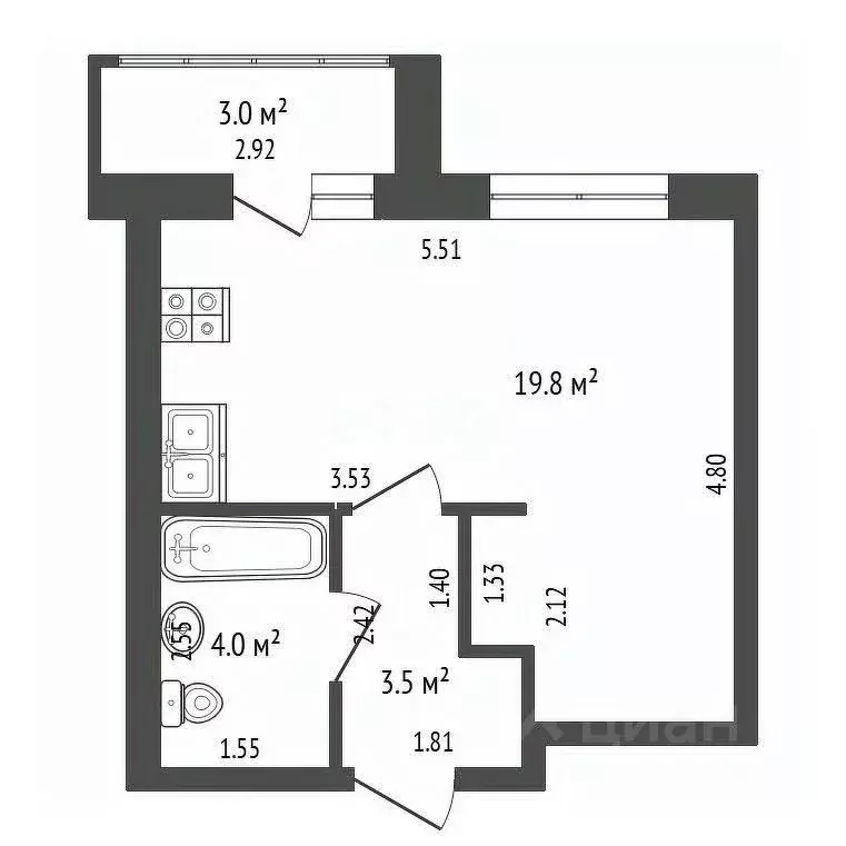 Студия Ульяновская область, Ульяновск ул. Еремецкого, 11 (27.0 м) - Фото 2