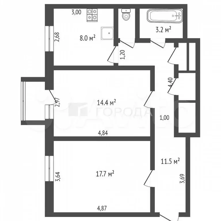 2-к. квартира, 57,2 м, 3/4 эт. - Фото 1