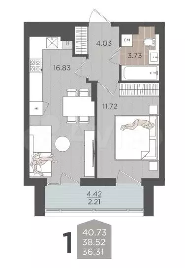 1-к. квартира, 40,7 м, 7/9 эт. - Фото 1