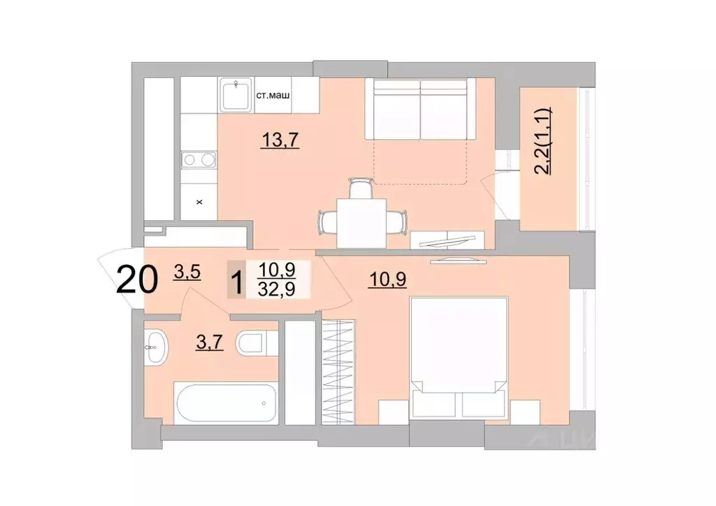1-к кв. Свердловская область, Екатеринбург ул. Черкасская, 5к3 (32.9 ... - Фото 0