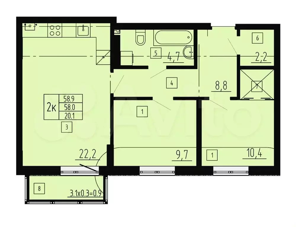 2-к. квартира, 59 м, 4/8 эт. - Фото 1