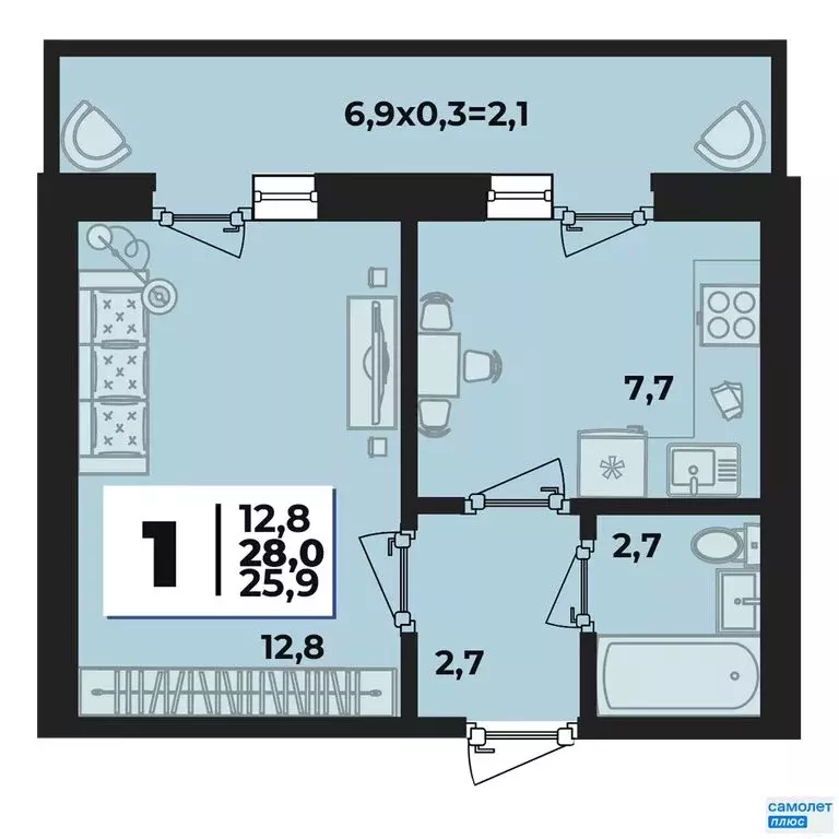 1-комнатная квартира: аул Новая Адыгея, ЖК Дарград (25.9 м) - Фото 1