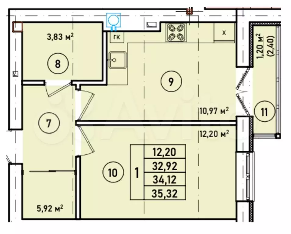 1-к. квартира, 34,1 м, 3/7 эт. - Фото 1