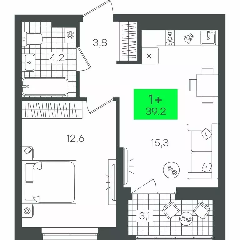 1-комнатная квартира: Тюмень, улица Василия Малкова, 17 (39.24 м) - Фото 0