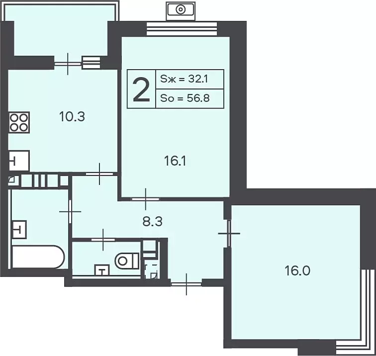 Продаётся 2-к квартира, 56.8 м - Фото 1