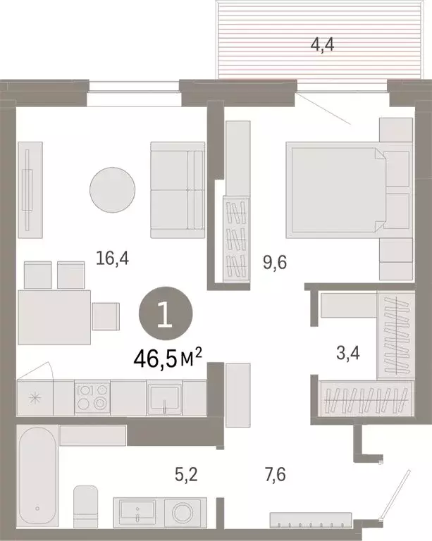 1-комнатная квартира: Омск, Кировский округ (46.52 м) - Фото 1