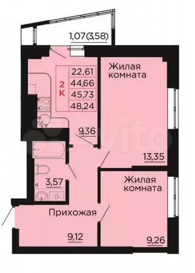 2-к. квартира, 45,7м, 3/9эт. - Фото 0