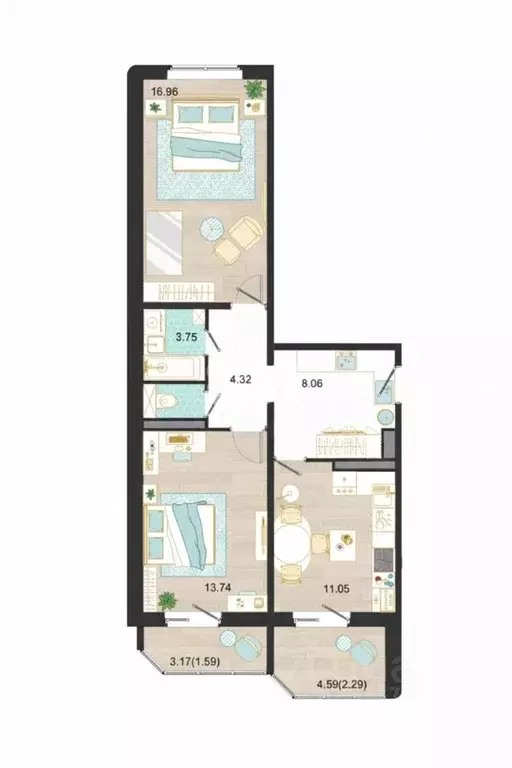 2-к кв. Московская область, Домодедово ул. Текстильщиков, 31 (58.6 м) - Фото 2