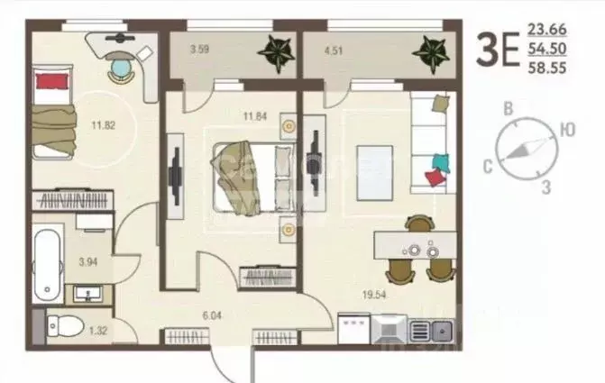 3-к кв. Курская область, Курск пер. Энгельса (54.5 м) - Фото 2
