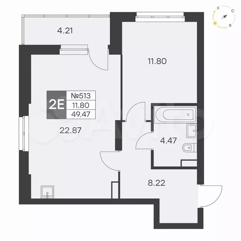 1-к. квартира, 49,5 м, 4/25 эт. - Фото 0