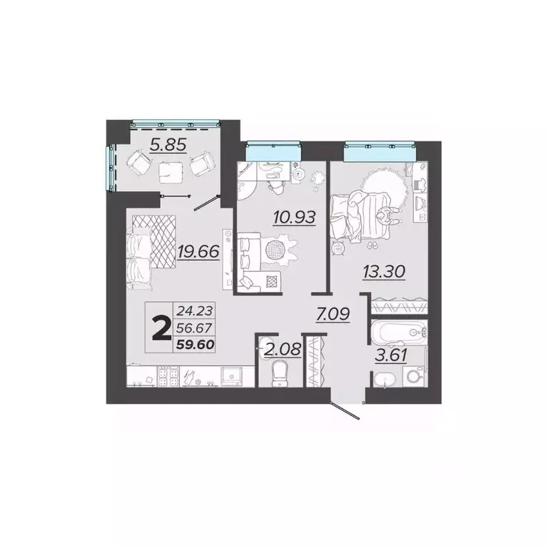 2-к кв. Брянская область, Брянск Архитектор жилой комплекс (59.6 м) - Фото 1