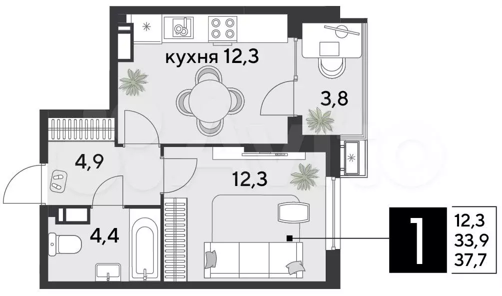 1-к. квартира, 37,7 м, 12/18 эт. - Фото 1