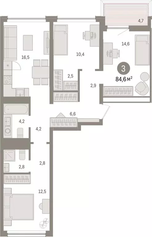 3-комнатная квартира: Тюмень, Мысовская улица, 26к1 (84.56 м) - Фото 1