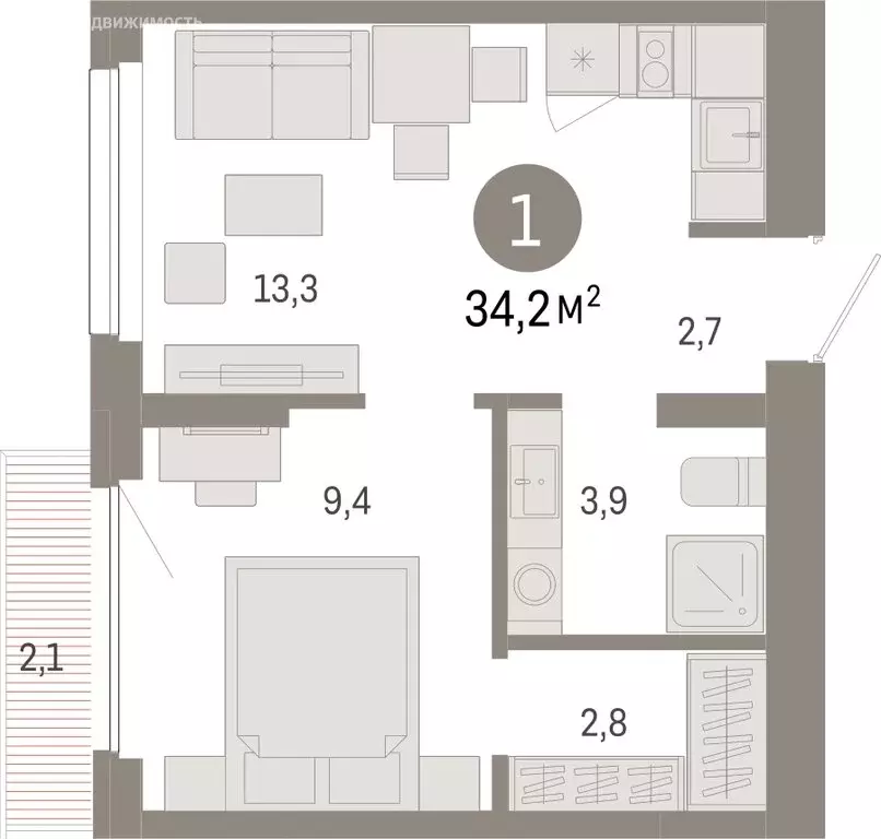 1-комнатная квартира: Новосибирск, Заельцовский район (34.2 м) - Фото 0