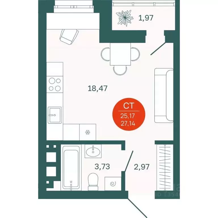 Студия Тюменская область, Тюмень Одесская ул., 7к2 (25.17 м) - Фото 0