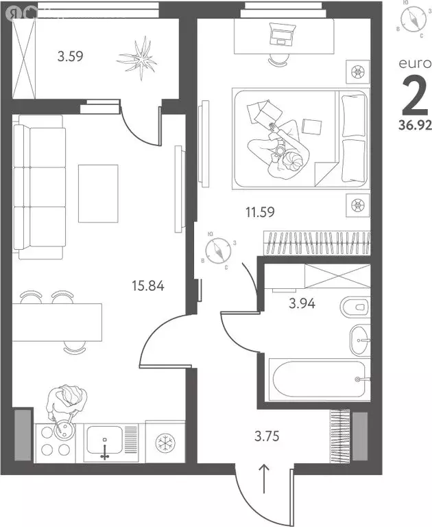 1-комнатная квартира: Липецк, улица Перова, 2 (36.92 м) - Фото 1