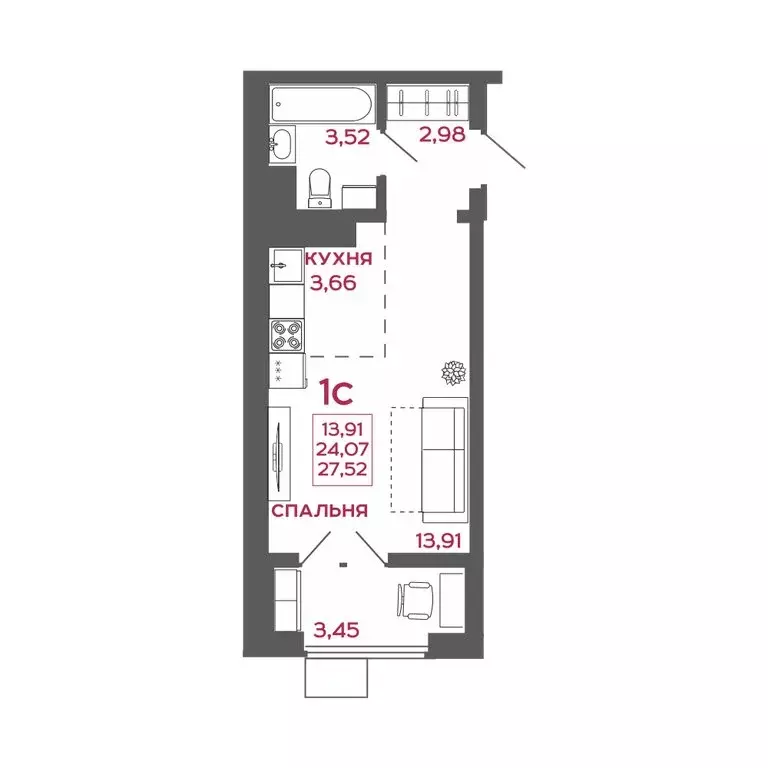 1-комнатная квартира: Пенза, ЖК Микрорайон Новобережье (27.52 м) - Фото 1