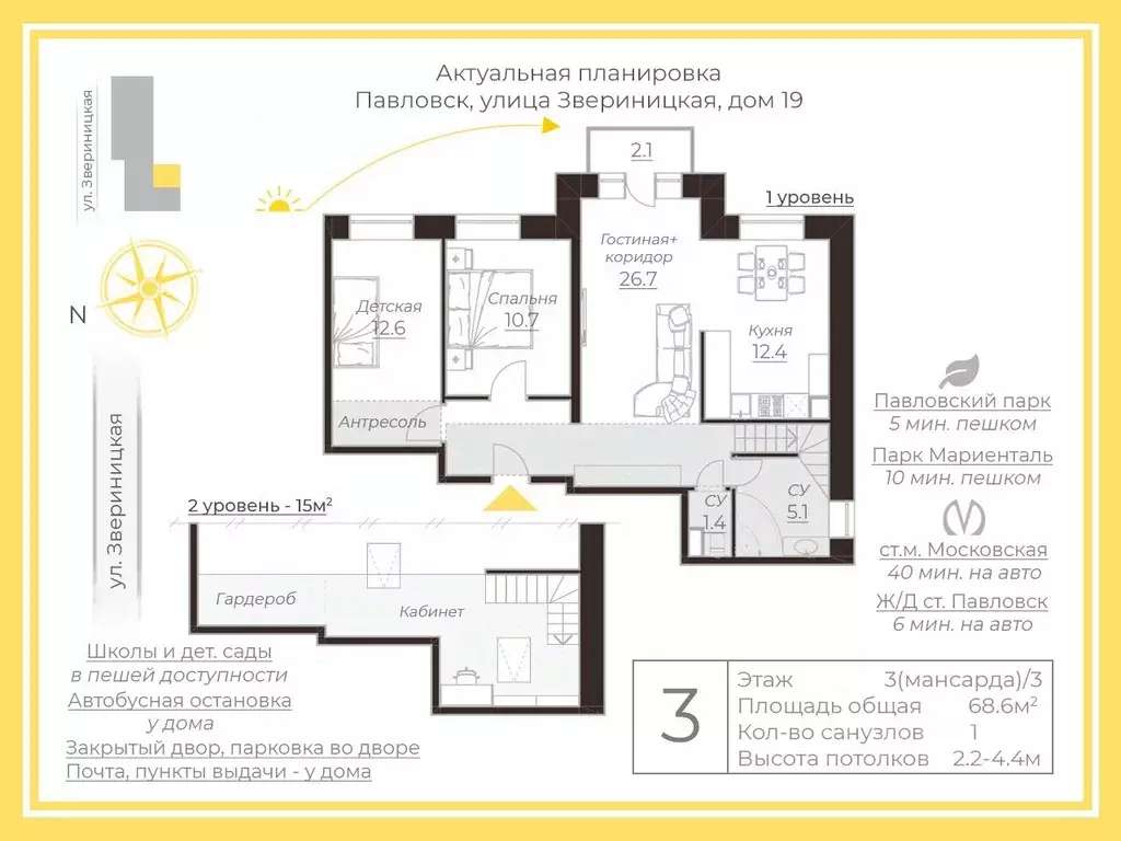 3-к кв. Санкт-Петербург, Санкт-Петербург, Павловск Звериницкая ул., 19 ... - Фото 2