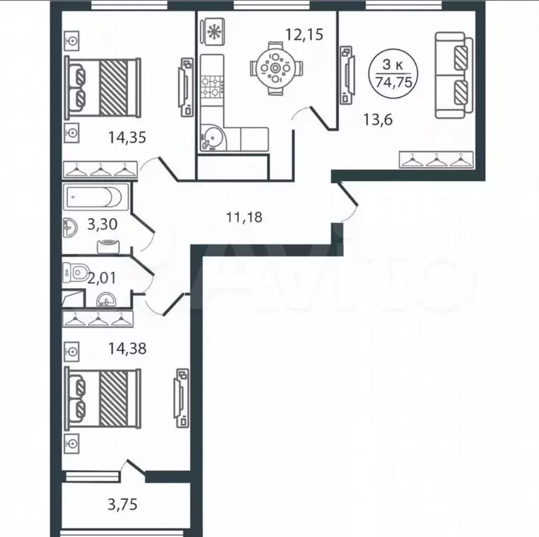 3-к. квартира, 74,6 м, 7/12 эт. - Фото 0