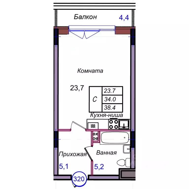 Студия Калининградская область, Светлогорск Балтийская ул. (38.4 м) - Фото 1