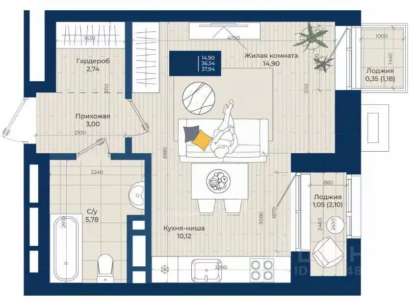 1-к кв. Татарстан, Казань ул. Галиаскара Камала, 39 (37.94 м) - Фото 2