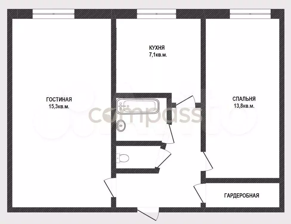 2-к. квартира, 42,9 м, 1/2 эт. - Фото 0