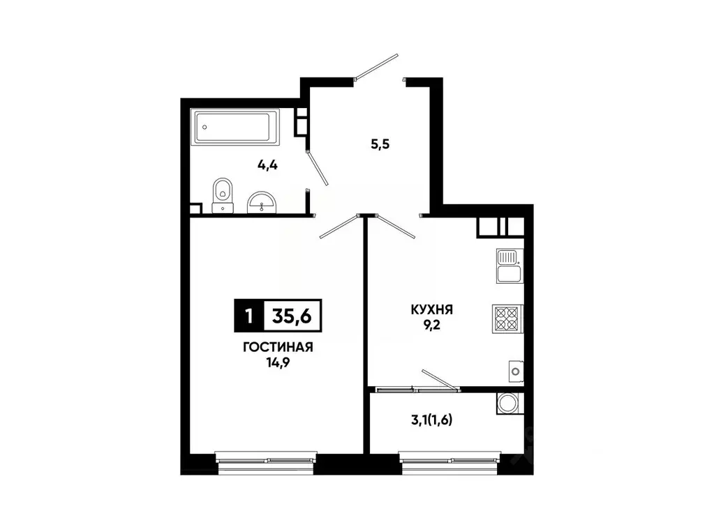 1-к кв. Ставропольский край, Ставрополь ул. Доваторцев, 179Гк1 (35.6 ... - Фото 1