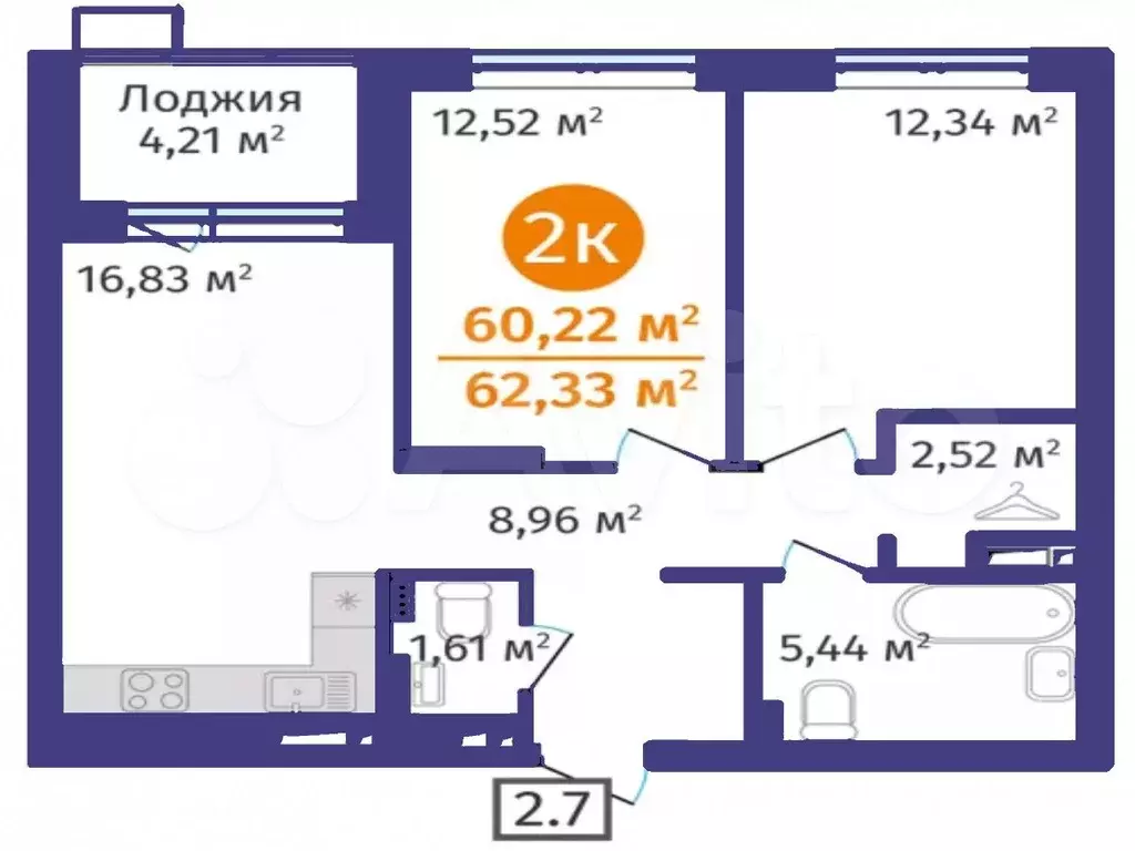 2-к. квартира, 60,2 м, 16/24 эт. - Фото 1