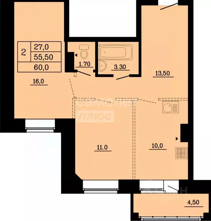 2-к кв. Омская область, Омск ул. Малиновского, 16к2 (60.0 м) - Фото 2