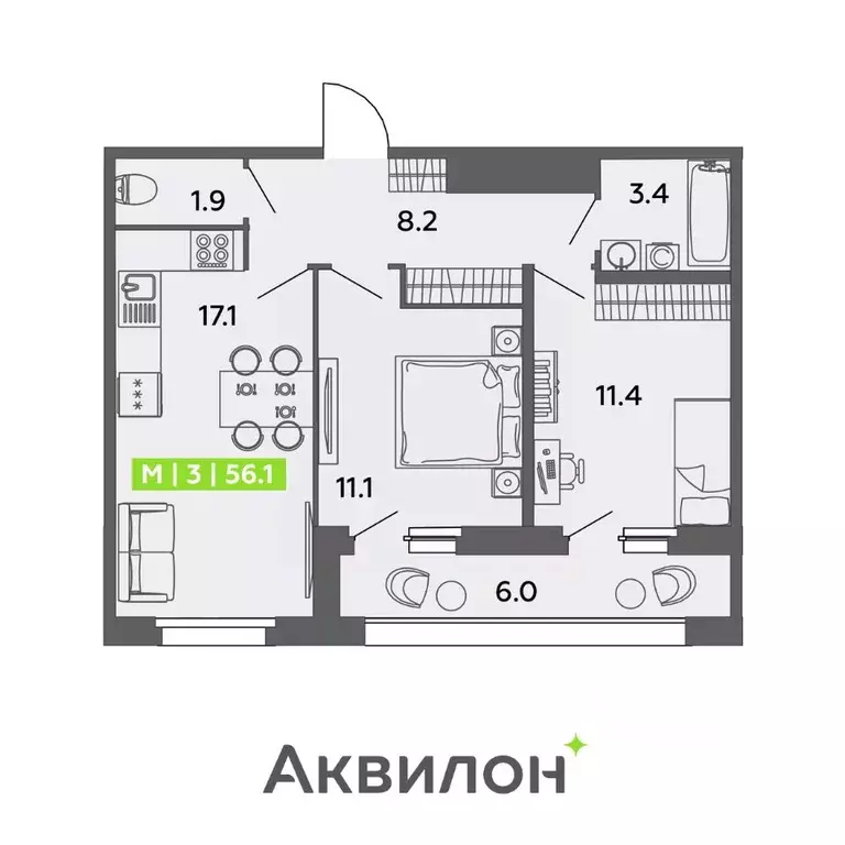 3-к кв. Санкт-Петербург ул. Чирикова, 5 (56.1 м) - Фото 0