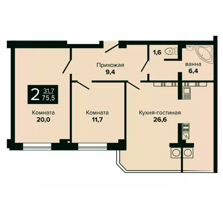 2-к кв. Ставропольский край, Ессентуки ул. Шмидта, 96 (75.5 м) - Фото 0