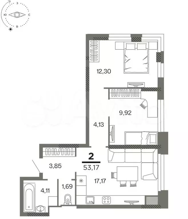 2-к. квартира, 53,2 м, 22/26 эт. - Фото 0