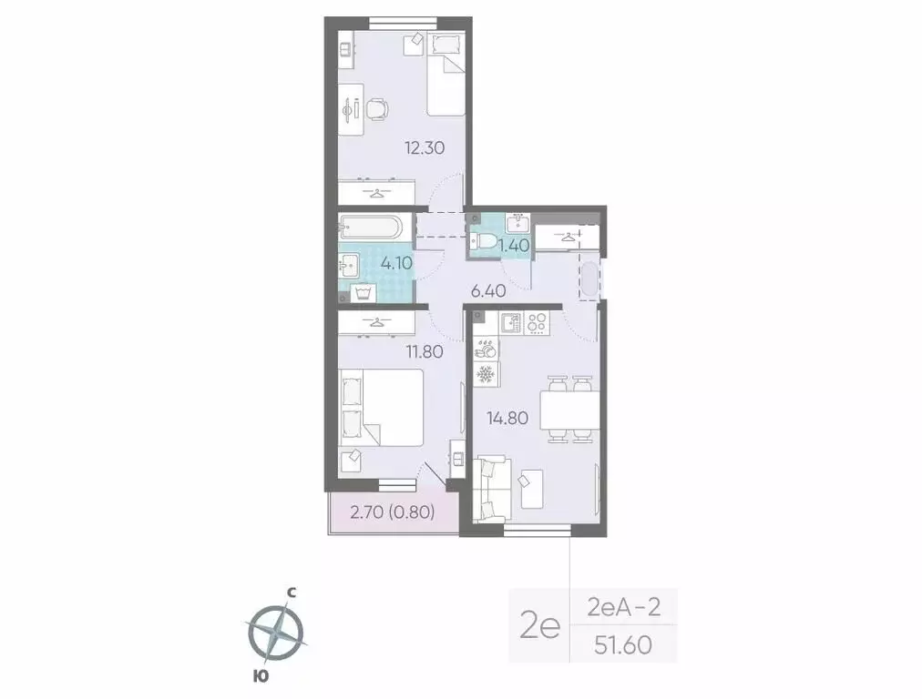 2-комнатная квартира: Ковалёво, улица Александра Разгонина, 1к3 (51.6 ... - Фото 0