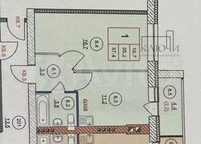 1-к. квартира, 37,4 м, 3/4 эт. - Фото 0