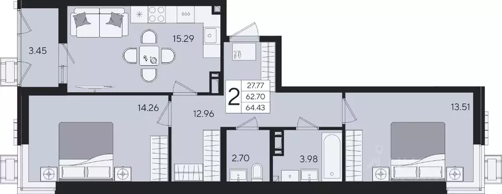 2-к кв. Краснодарский край, Краснодар  (64.43 м) - Фото 2
