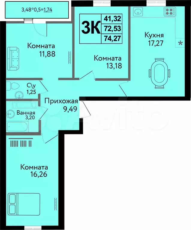 3-к. квартира, 74,3 м, 8/19 эт. - Фото 0