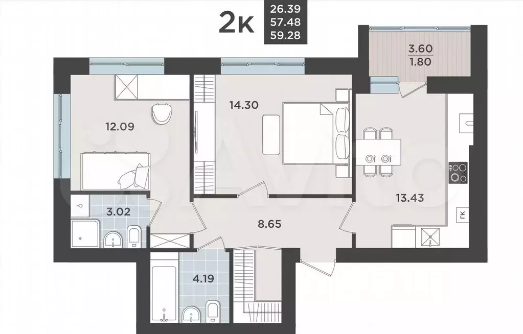 2-к. квартира, 57,5 м, 6/9 эт. - Фото 1