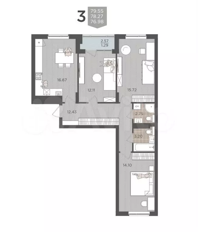 3-к. квартира, 77 м, 3/9 эт. - Фото 1